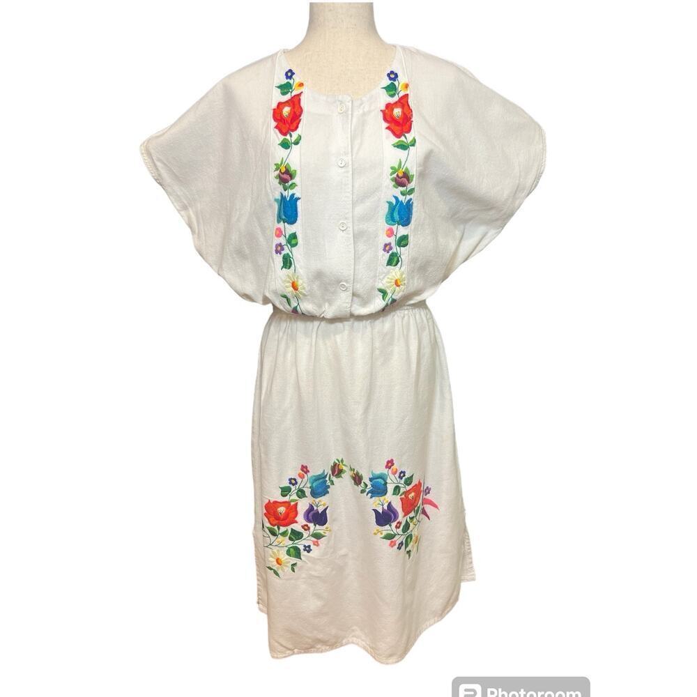 Handmade Embroidered Shirt Dress Multicolor Cotton Short Sleeve Midi sze Medium